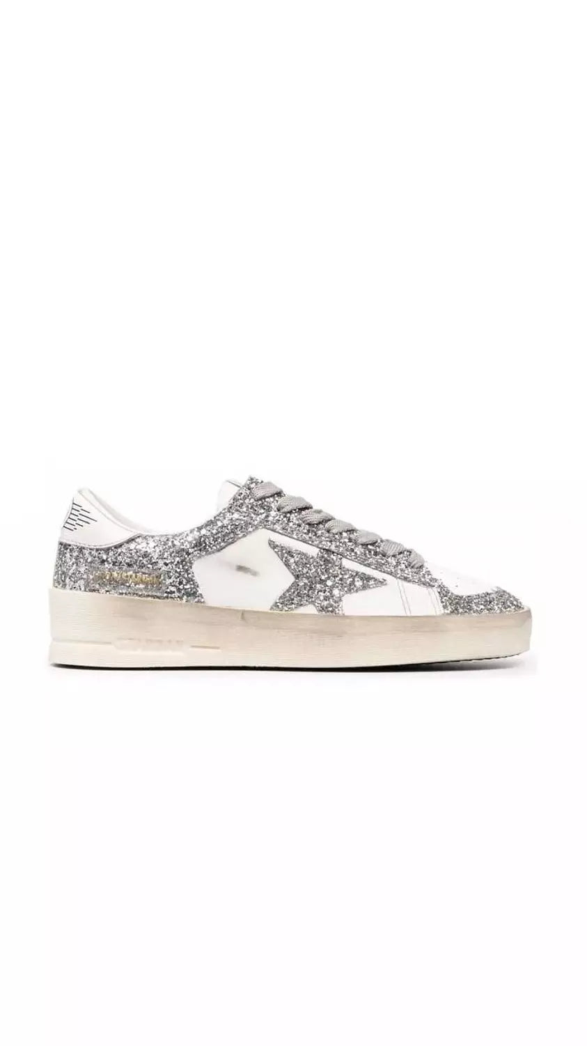 GOLDEN GOOSE: Stardan sneakers in leather and glitter - White | Golden