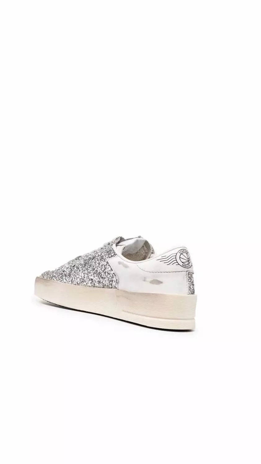 GOLDEN GOOSE: Stardan sneakers in leather and glitter - White | Golden