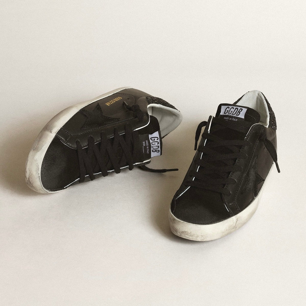 Golden Goose Super-Star in black nappa with black star and glitter heel tab(Women's)